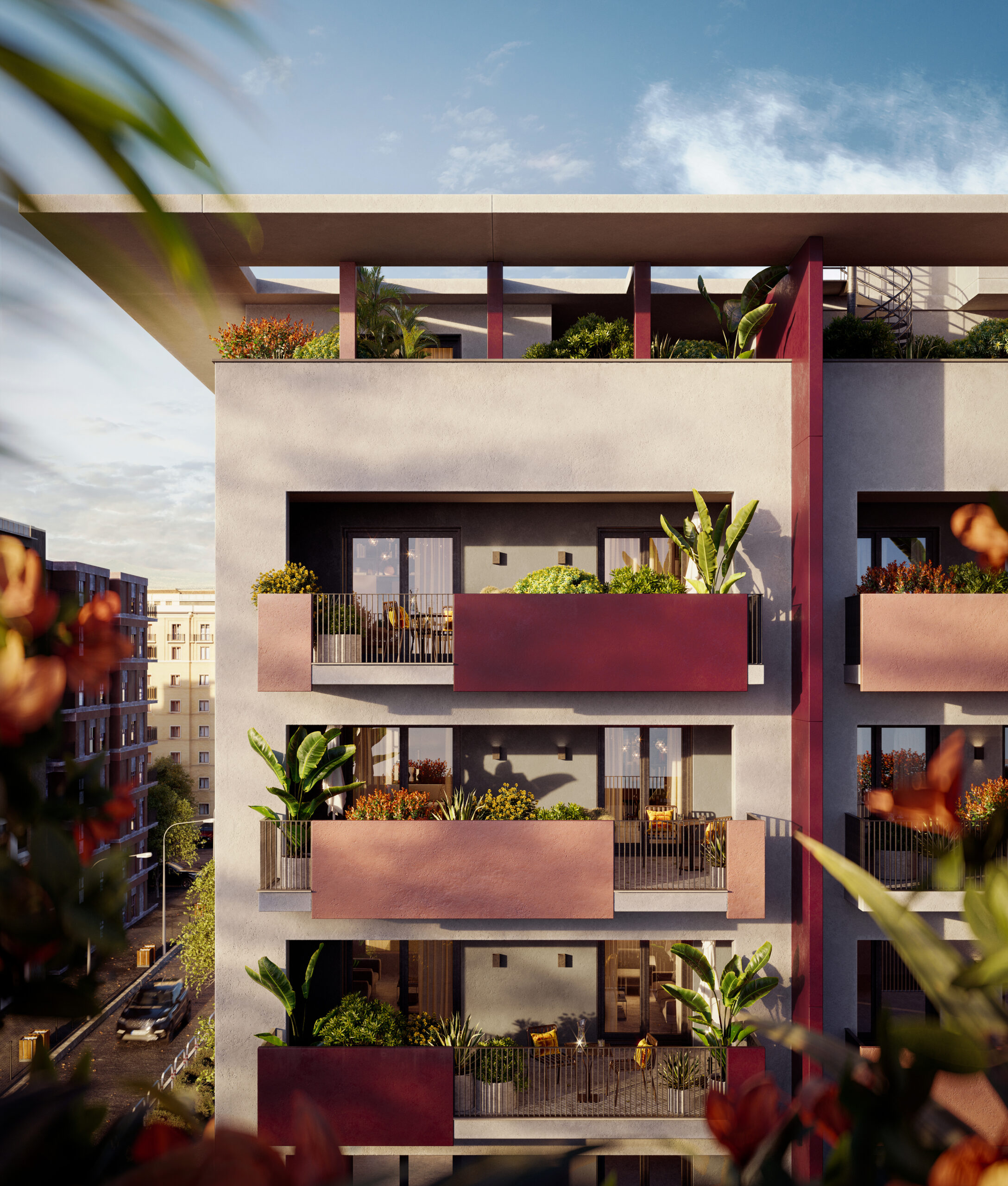 Render di Terrazze Marconi con veduta esterna del palazzo